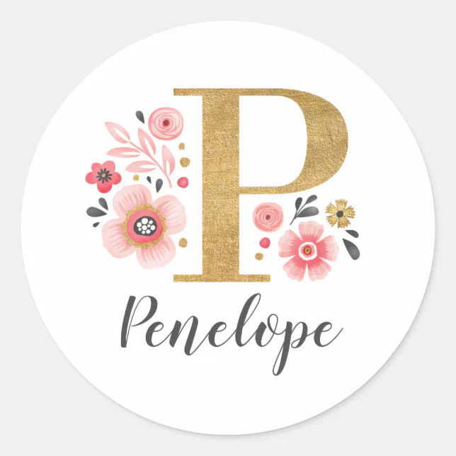 Elegant Pink Floral Monogram Initial Gold Letter P Classic Round ...