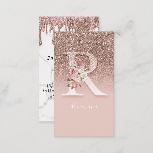 Elegant Pink Floral Monogram Initial Gold Letter R Business Card