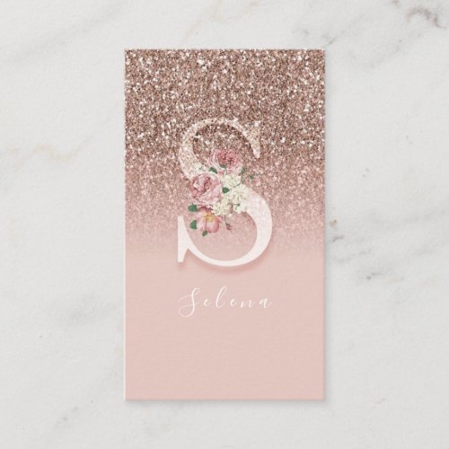 Elegant Pink Floral Monogram Initial Gold Letter S Business Card