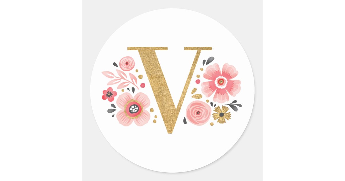 Feminine Faux Gold Foil Floral Letter M Monogram Square Sticker