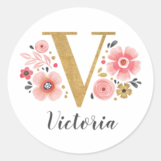 Elegant Pink Floral Monogram Initial Gold Letter V Classic Round Sticker (Front)