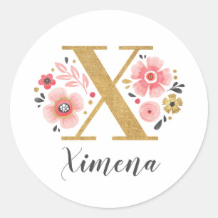 Elegant Pink Floral Monogram Initial Gold Letter X Classic Round Sticker