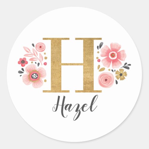 Elegant Pink Floral Monogram Initial Letter H Classic Round Sticker