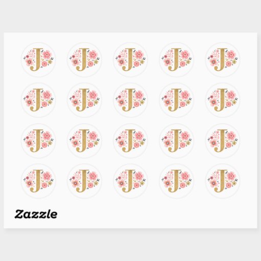 Elegant Pink Floral Monogram Initial Letter J Classic Round Sticker ...