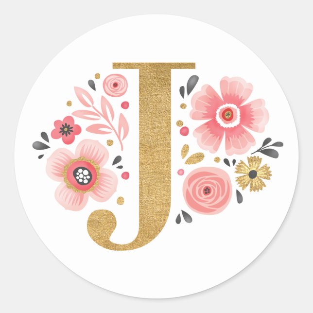 Elegant Pink Floral Monogram Initial Letter J Classic Round Sticker (Front)