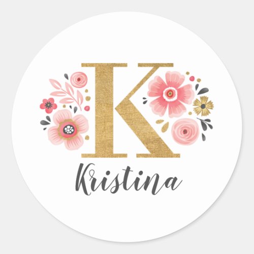 Elegant Pink Floral Monogram Initial Letter K Classic Round Sticker
