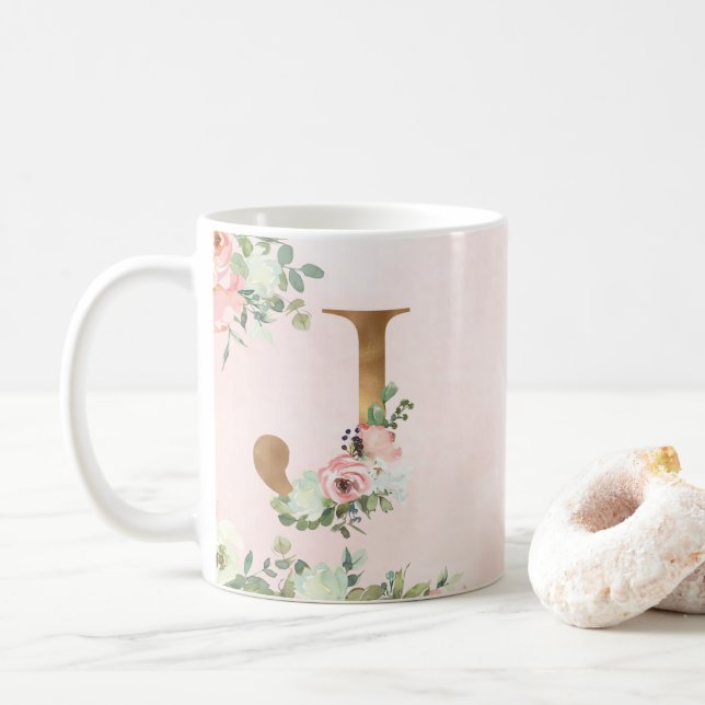Elegant Pink Floral Monogram J Coffee Mug (With Donut)