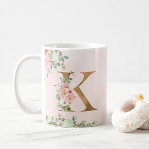 Elegant Pink Floral Monogram K Coffee Mug