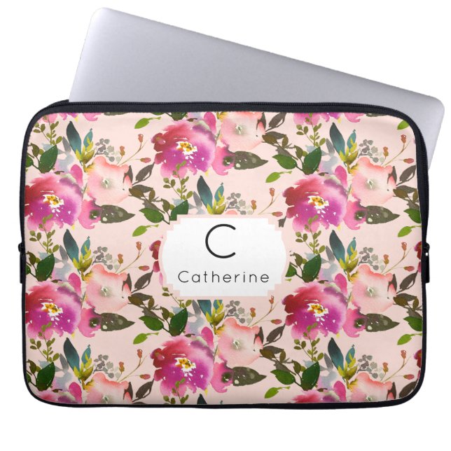 Elegant Pink Floral Monogram Laptop Sleeve (Front)