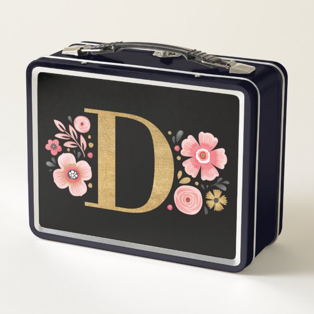 Elegant Pink Floral Monogram Metal Lunch Box (Back)