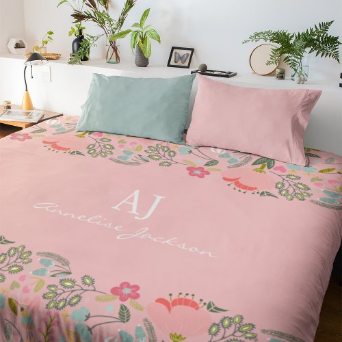 Elegant pink floral monogram name personalized duvet cover