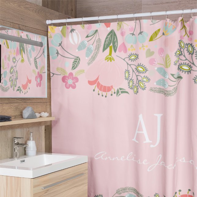 Elegant pink floral monogram name personalized shower curtain (Creator Uploaded)