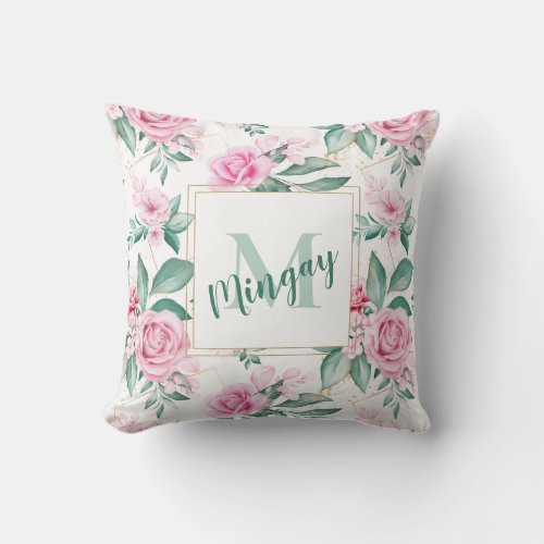 Elegant Pink Floral Monogram Throw Pillow