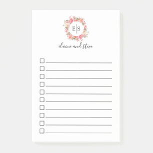 Elegant Pink Floral Monogram To Do List Post-it Notes