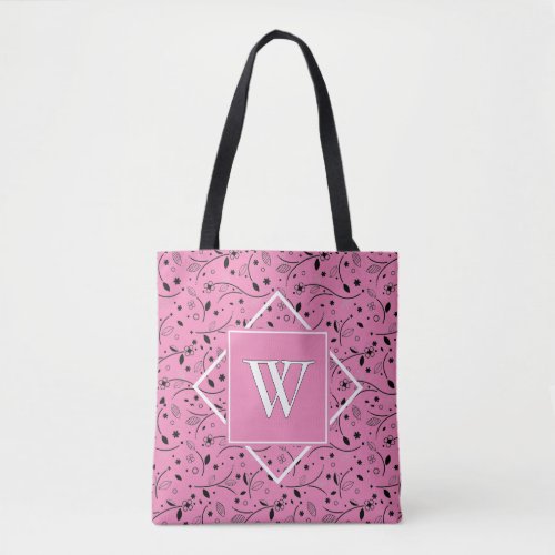 Elegant  Pink  Floral  MONOGRAM Tote Bag