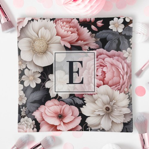 Elegant Pink Floral Monogram Trinket Tray