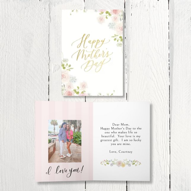 Elegant Pink Floral Mother's Day Foil Greeting Car Foil Holiday Card (Elegant Floral Golf Foil Mother's Day Card | Editable Design with place to put a photo of you + mom!)