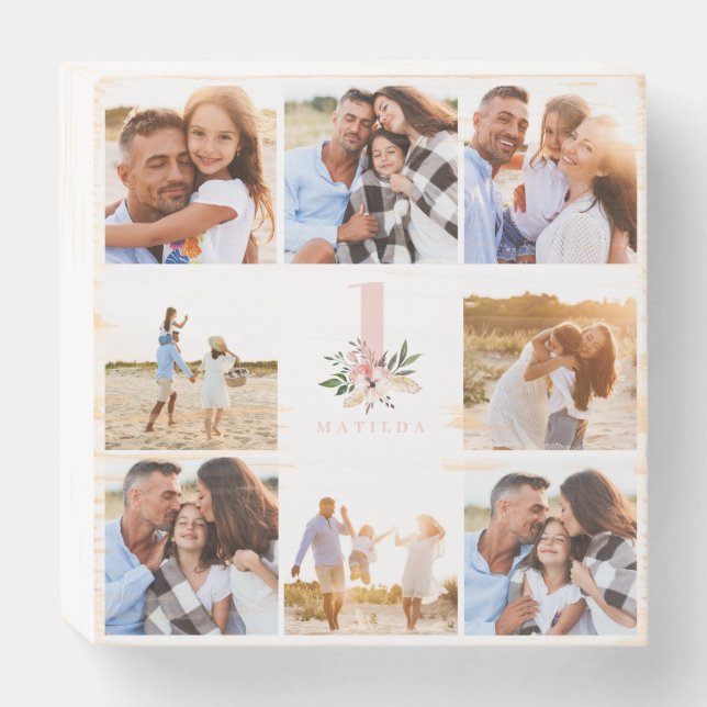 elegant pink floral multi photo wooden box sign (Front Horizontal)