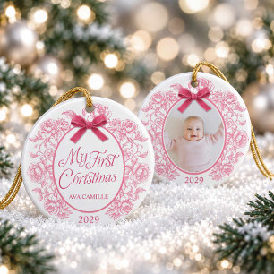Elegant Pink Floral My First Christmas Photo Ceramic Ornament