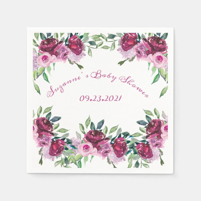 Elegant Pink Floral Name Date Script Baby Showner Napkins (Front)