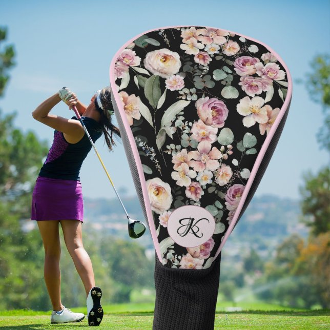 Elegant Pink Floral Name Monogram Golf Head Cover (Creator Uploaded)