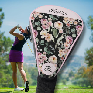 Elegant Pink Floral Name Monogram Golf Head Cover