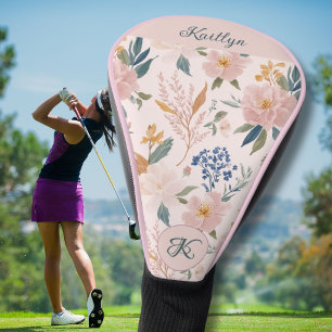Elegant Pink Floral Name Monogram Golf Head Cover
