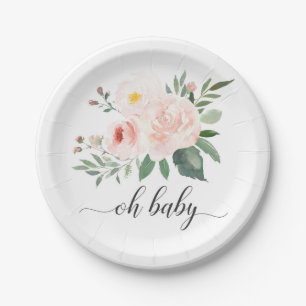 Elegant Pink Floral Oh Baby Shower Plate