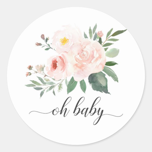 Elegant Pink Floral Oh Baby Shower Sticker (Front)