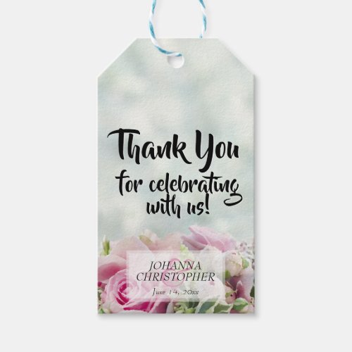 Elegant Pink Floral on Teal Wedding Thank You Gift Tags