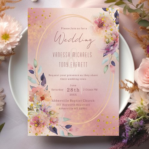 Elegant Pink Floral Oval Geometric Frame Wedding Invitation