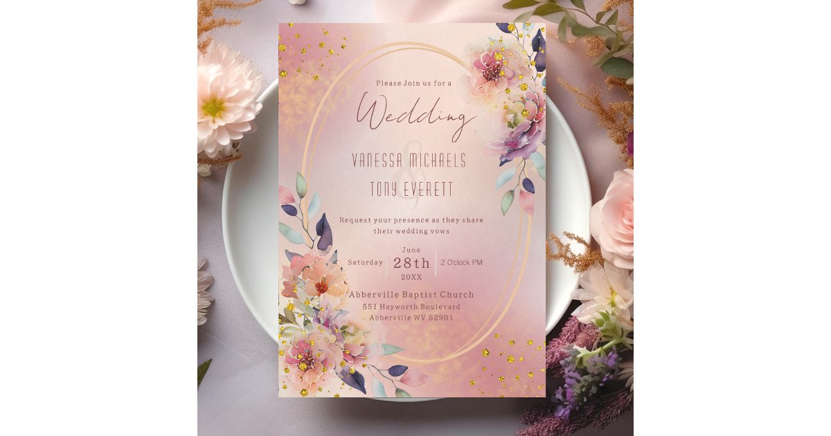 Elegant Pink Floral Oval Geometric Frame Wedding Invitation | Zazzle