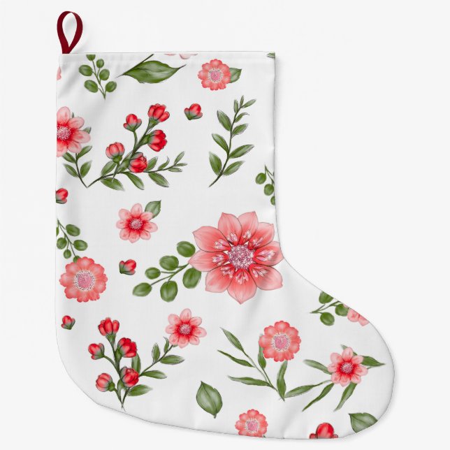 Elegant Pink Floral Pattern  Large Christmas Stocking (Front)