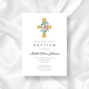 Elegant Pink Floral Peonies Cross Baptism Invitation