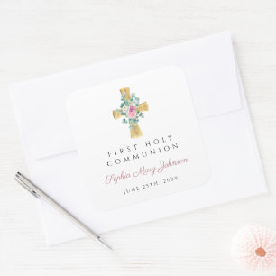 Elegant Pink Floral Peonies Cross First Communion Square Sticker