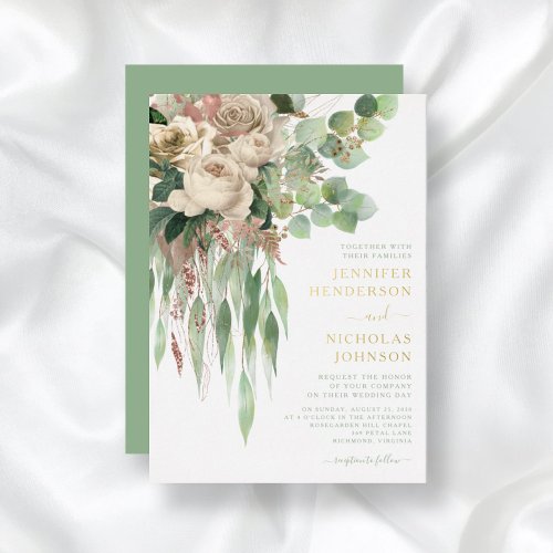 Elegant Pink Floral Peonies Wedding Gold Foil Invitation