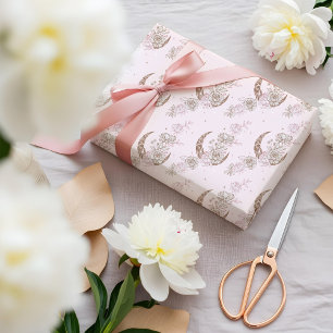 Elegant Pink Floral Peony Celestial Moon & Stars Wrapping Paper
