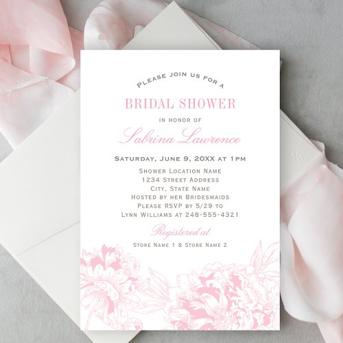 Elegant Pink Floral Peony Wedding Bridal Shower Invitation