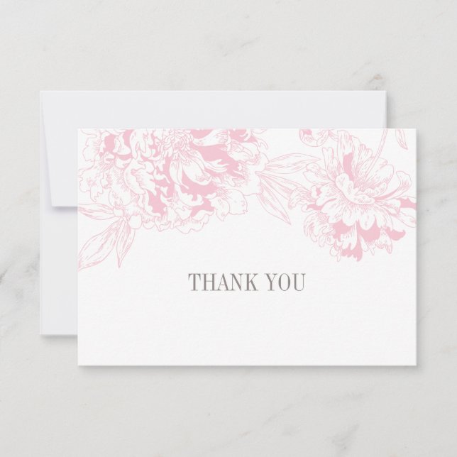 Elegant Pink Floral Peony Wedding Gray Thank You Card (Front)