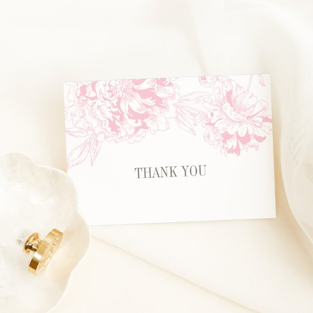 Elegant Pink Floral Peony Wedding Gray Thank You Card (Creator Uploaded)