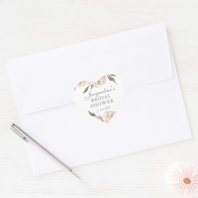 Elegant Pink Floral Personalized Bridal Shower Heart Sticker (Envelope)