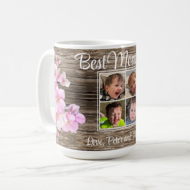 Elegant pink floral personalized four photos coffee mug (Front Left)