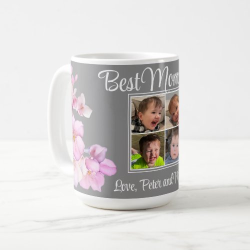 Elegant pink floral personalized four photos coffee mug