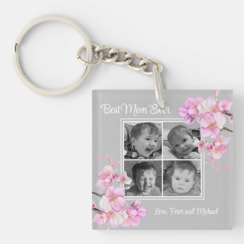 Elegant pink floral personalized four photos keychain