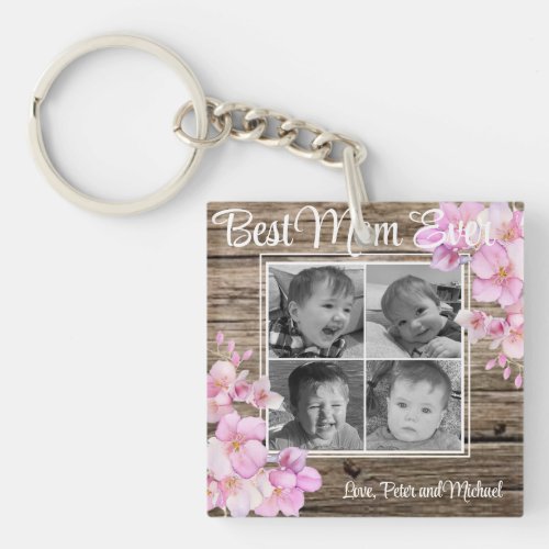 Elegant pink floral personalized four photos keychain