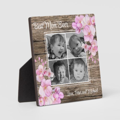 Elegant pink floral personalized four photos plaque