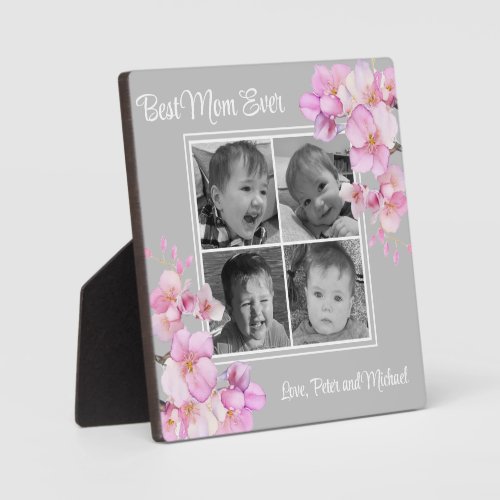 Elegant pink floral personalized four photos plaque