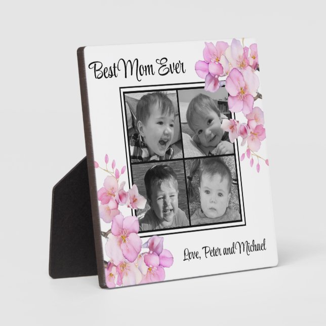 Elegant pink floral personalized four photos plaque (Front)