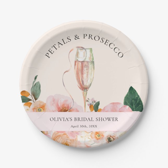 Elegant Pink Floral Petals Prosecco Bridal Shower Paper Plates (Front)