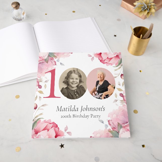 Elegant Pink Floral Photo 100th Birthday Guest Book (Front Open)